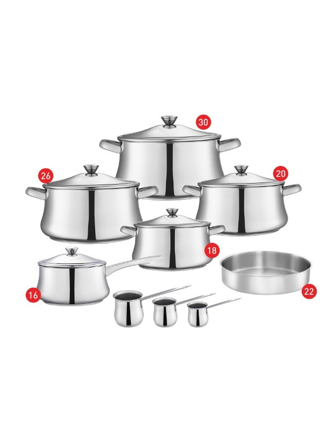 زهران طقم طهي ستانلس ستيل كلاسيك من زهران، حلل 18،20،26،30 + مقلاة للصلصة 16 + صينية فرن دائرية 22 + 3 كنكة قهوة - Image 1
